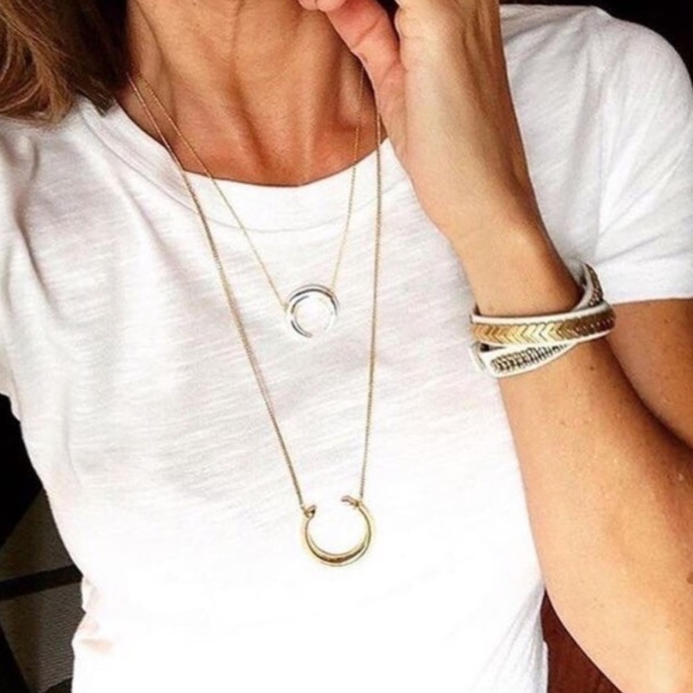 Stella & Dot | Retired Dainty Silver + Gold Half Moon Luna Pendant Necklace - Picture 4 of 12